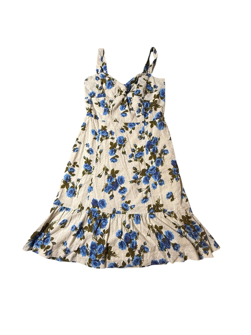 LOFT Blue Floral Eyelet Strappy Midi Dress Size 6 Ruffle Hem Summer